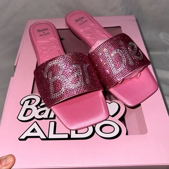 Aldo x Barbie Barbieville Pink Satin Rhinestone Flat Slide Sandals New Woman’s - Picture 10 of 11